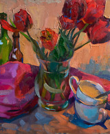 Still life painting with red tulips, bottles, teacups and a pink drapery