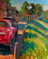 Oil painting of a street and a red car in the evening light