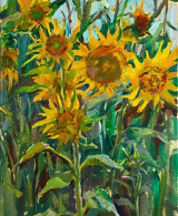 Oil painting of a sunflower field