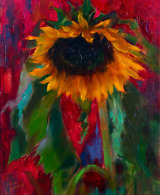 Sunflower painted on red background in expressive realism style