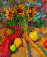 A still life painting portraying sunflowers and assorted fruits arranged on a drapery in warm, inviting hues