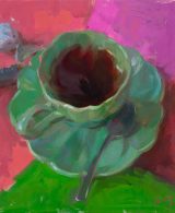 A cup of tea on a colorful background painted with oils