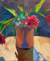 Oil painting of pink tulips in the sunlight on blue background