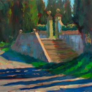 Oil painting of a palazzo staircase and a garden