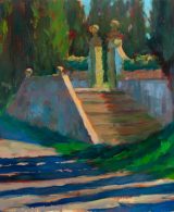 Oil painting of a palazzo staircase and a garden
