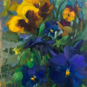 Oil painting of wild pansy flowers in yellow and blue colors