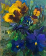 Oil painting of wild pansy flowers in yellow and blue colors