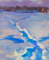 A winter landscape painting in blue and purple colors