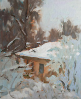 Painting of a house and trees around it in winter, covered in snow