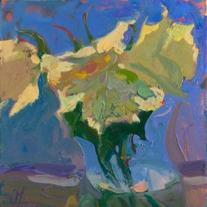 Semi-abstract oil painting of withered white roses