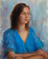 Portrait painting of a young woman wearing a blue dress