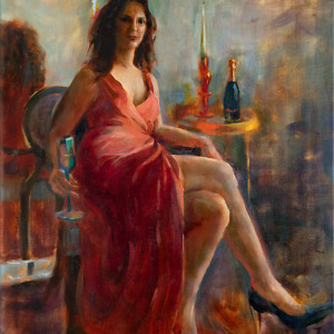 Portrait of a woman sitting on a chair and holding a champagne glass, painted with oil on canvas