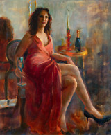 Portrait of a woman sitting on a chair and holding a champagne glass, painted with oil on canvas