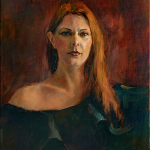 Portrait of a beautiful woman on a dark background, painted with oil on canvas