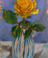 Yellow rose in a vase on a lilac background, painted with oil